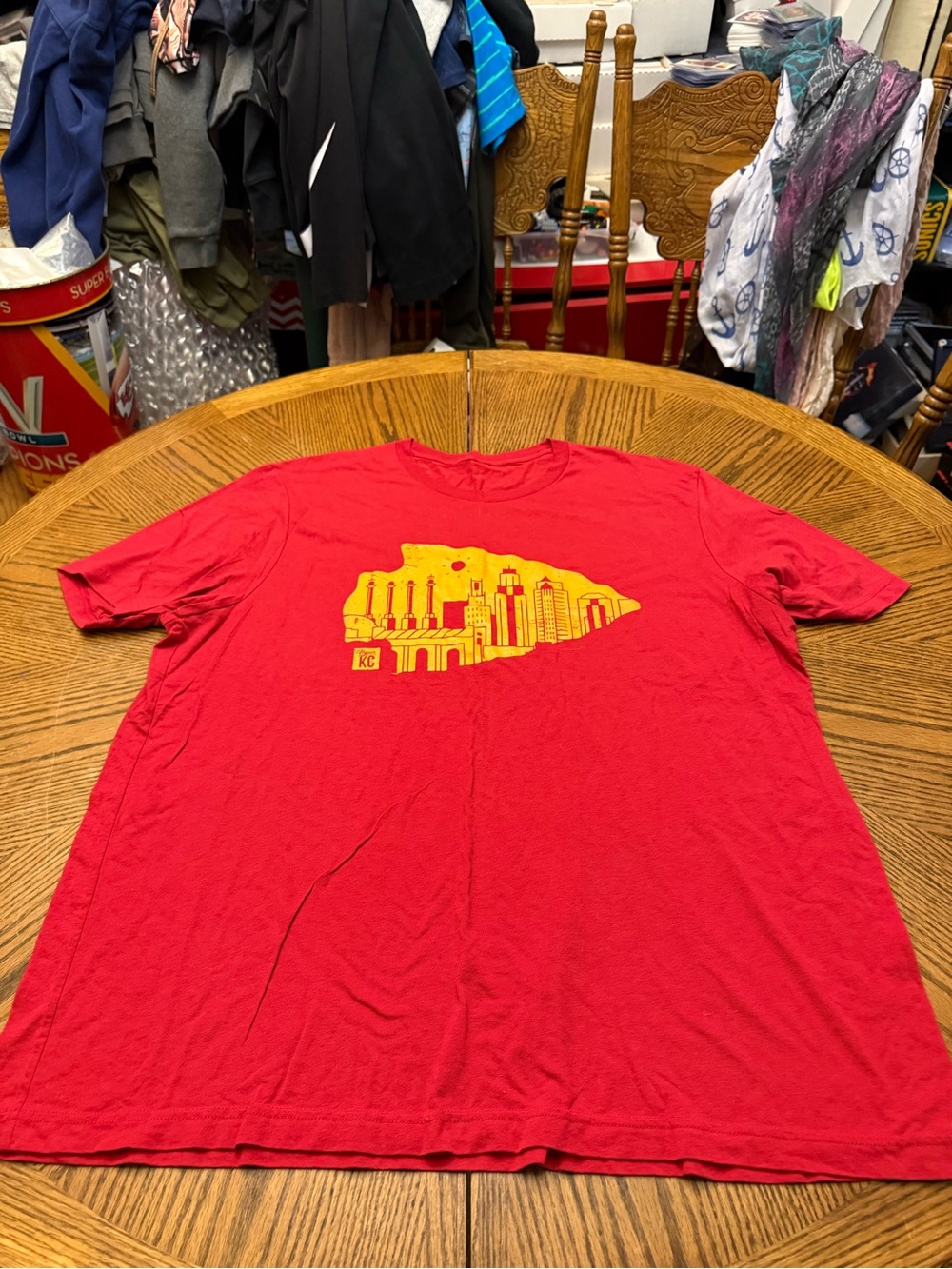 Red Men's KC Chiefs Graphic T-Shirt with Yellow City Silhouette